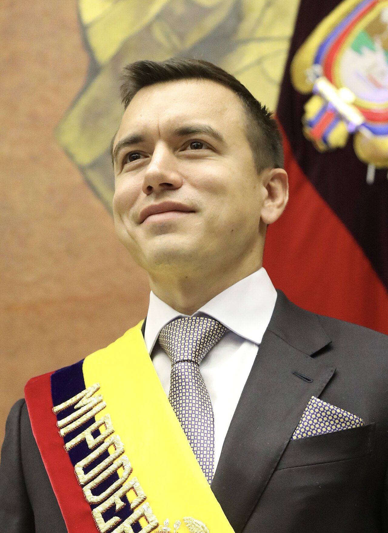 President Daniel Noboa of Ecuador wearing the red, blue and yellow presidential sash in front of the national coat of arms