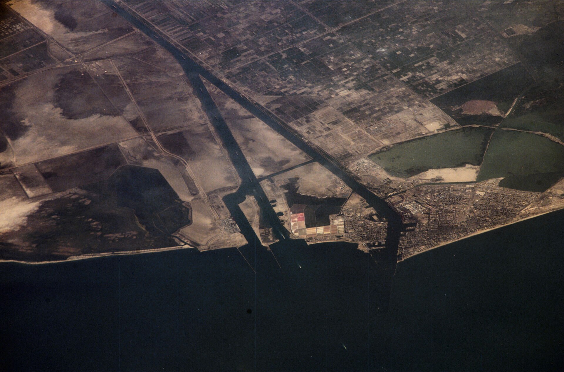 Aerial view of the Suez Canal entrance at Port Said, Egypt