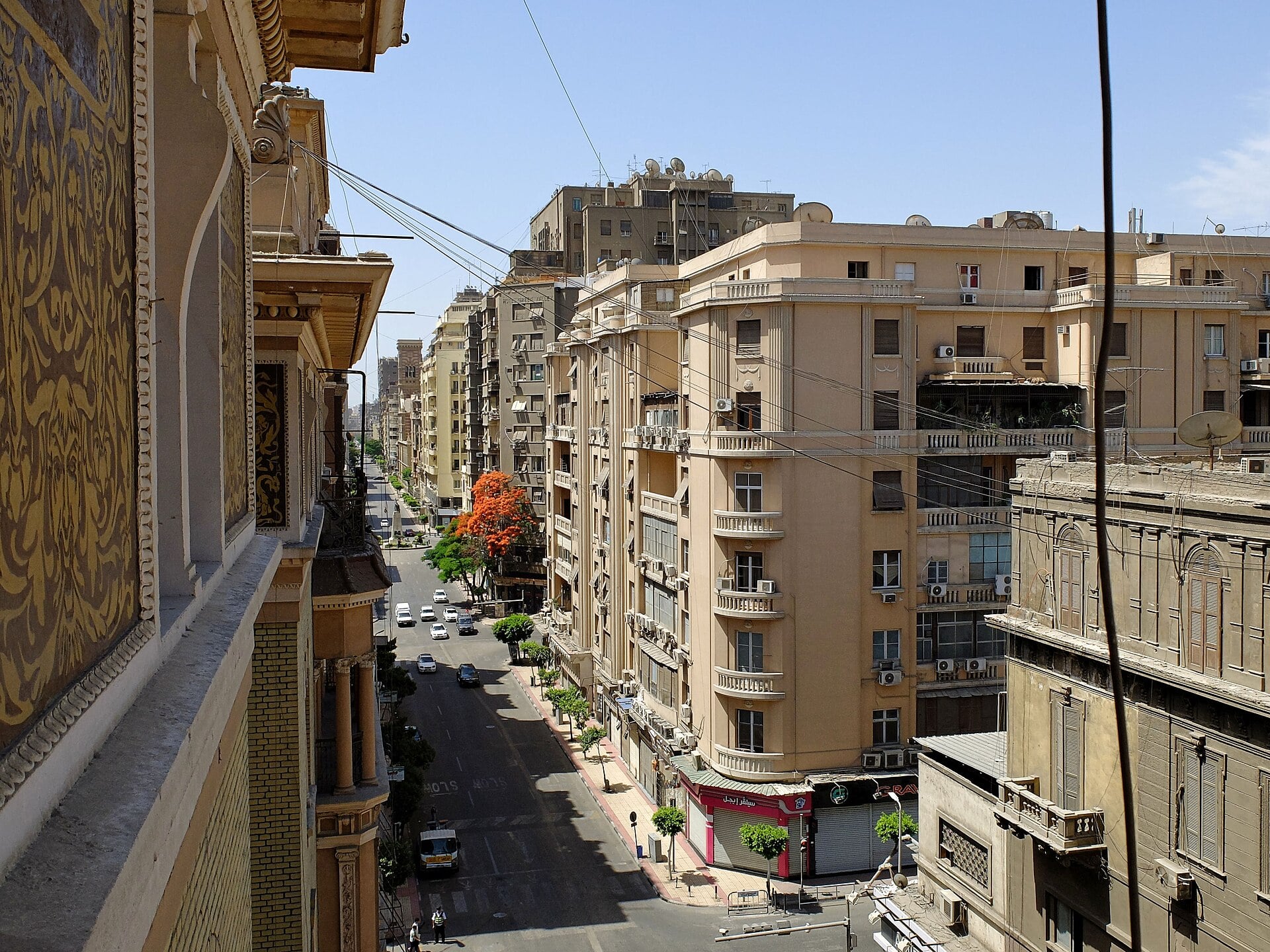 Muhammad Farid Street in downtown Cairo lined with older apartment and office buildings