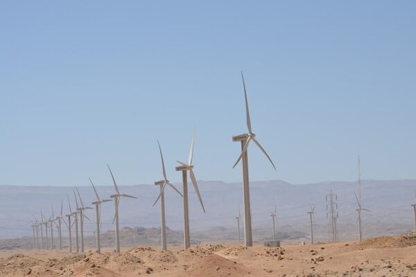 Rows of white wind turbines on desert ground at Zaafarana, Egypt, with pylons and mountains behind