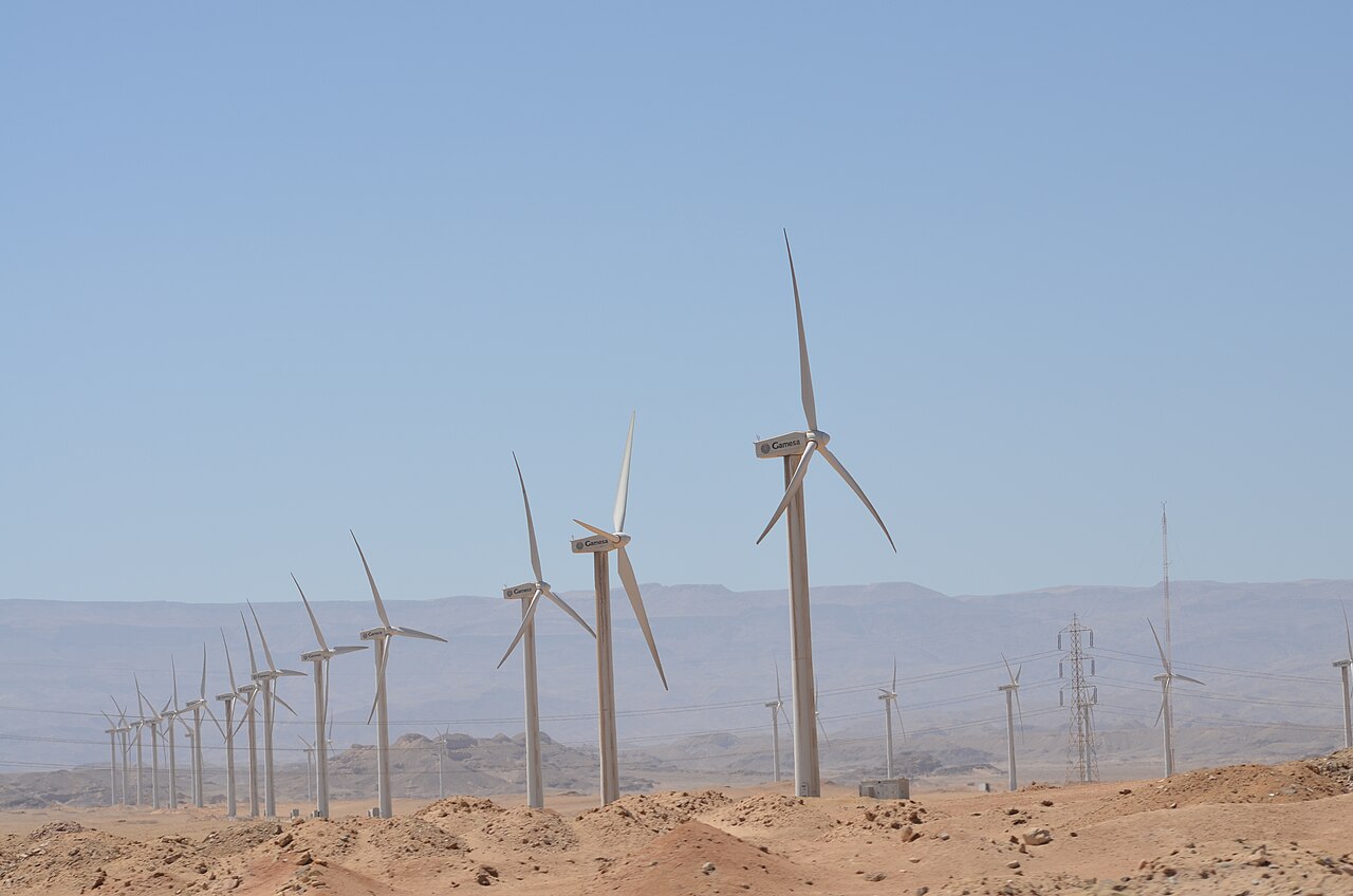 Rows of white wind turbines on desert ground at Zaafarana, Egypt, with pylons and mountains behind