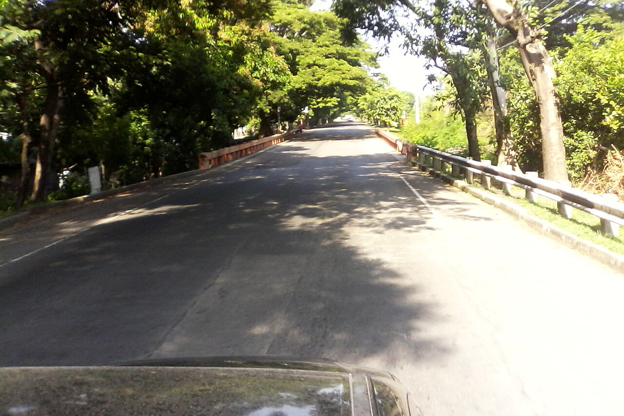 A tree-lined two-lane road crossing a small bridge with guard rails on El Salvador's coastal highway CA-2