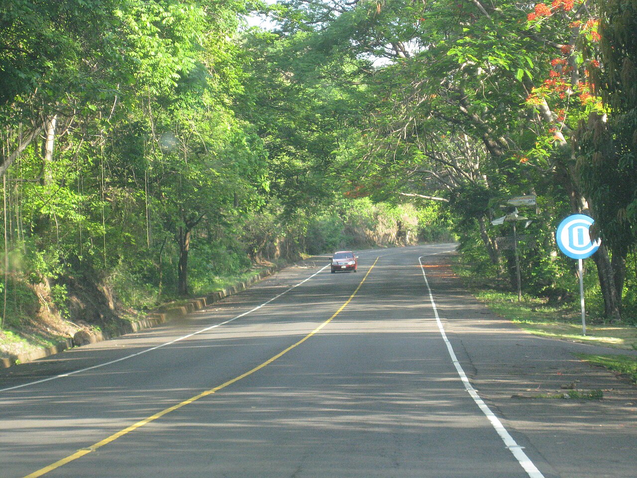 A red car drives along a tree-lined two-lane highway with a yellow centre line near Acajutla in western El Salvador