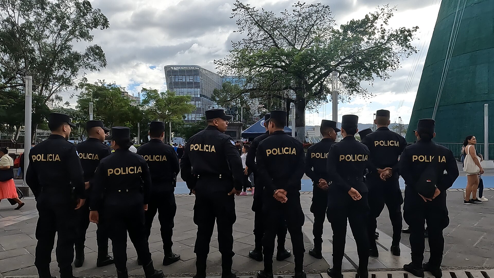 National Civil Police officers standing in a line in the historic centre of San Salvador