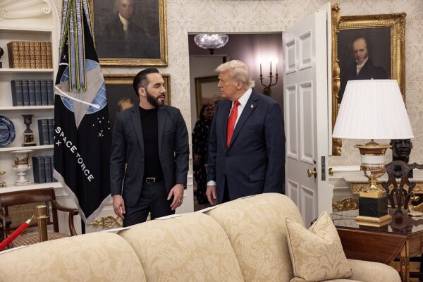 Nayib Bukele and Donald Trump stand in the Oval Office at the White House