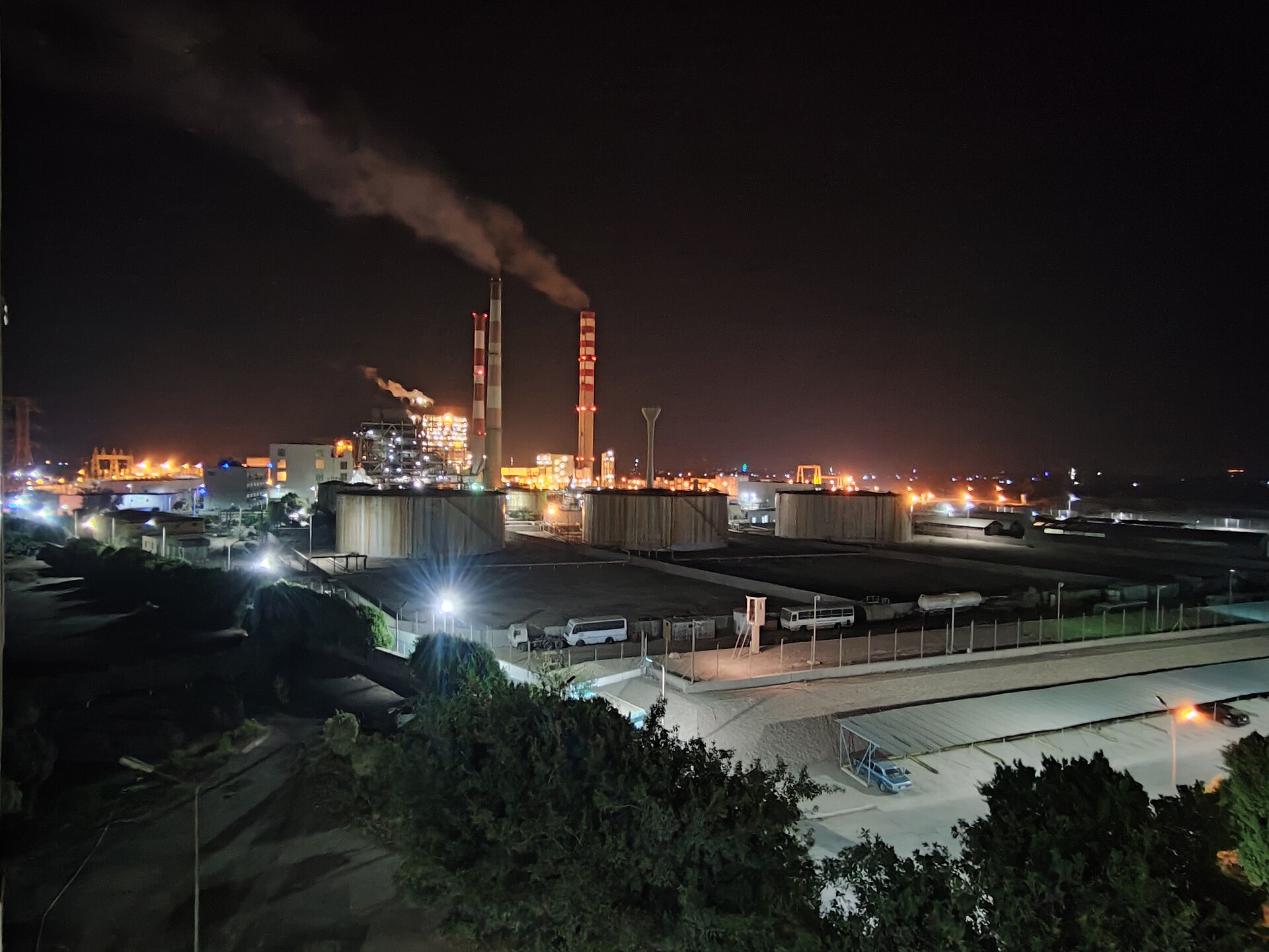 Steam power station in Assiut, Upper Egypt, lit up at night
