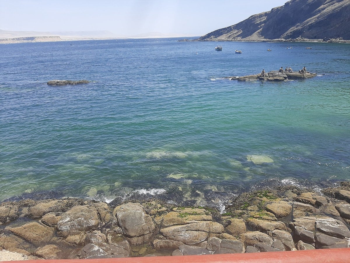 Blue-green water and rocky shoreline at the Paracas National Reserve on the coast of Ica, Peru
