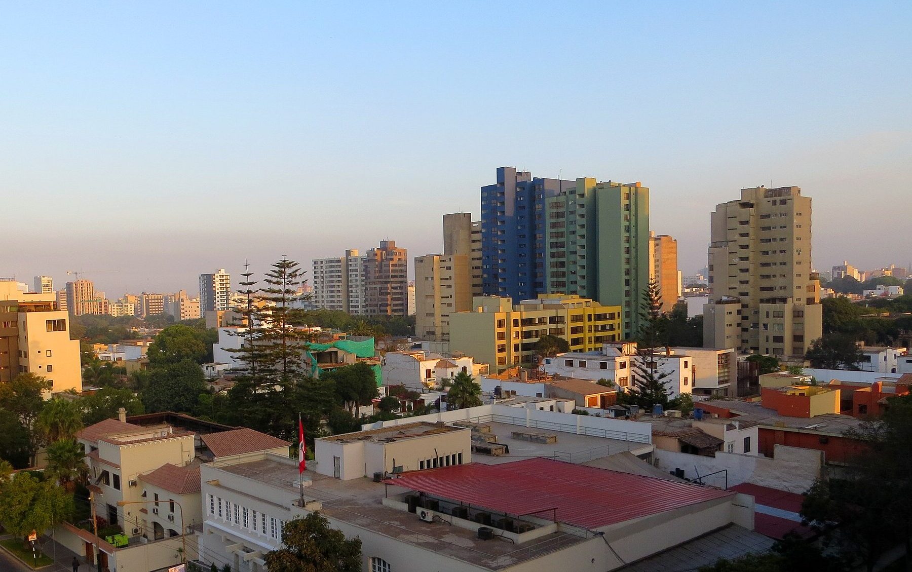 Apartment towers of the San Isidro district in Lima, Peru, seen at sunset