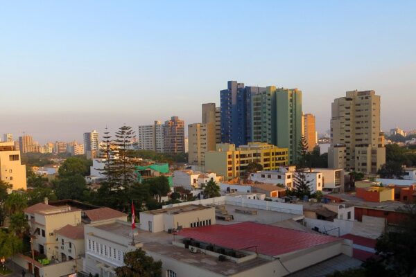 Apartment towers of the San Isidro district in Lima, Peru, seen at sunset