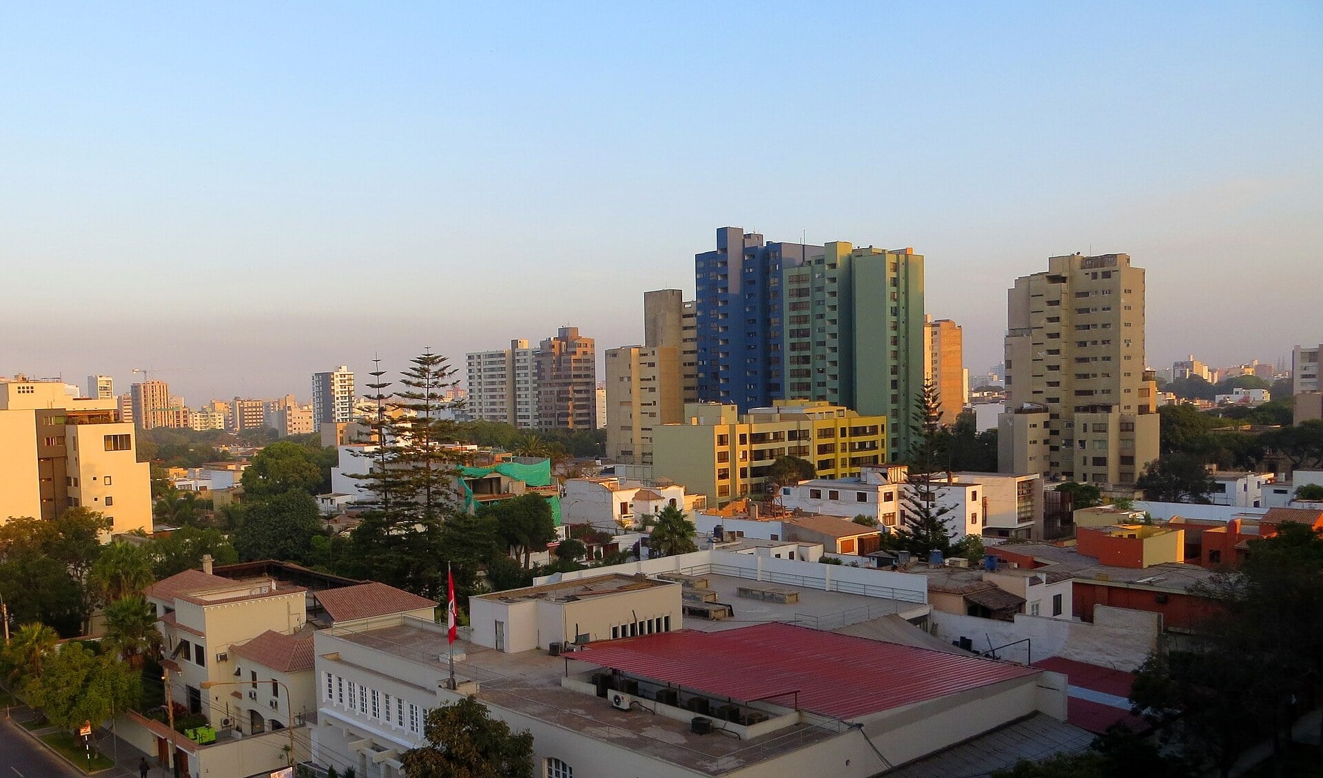 Apartment towers of the San Isidro district in Lima, Peru, seen at sunset