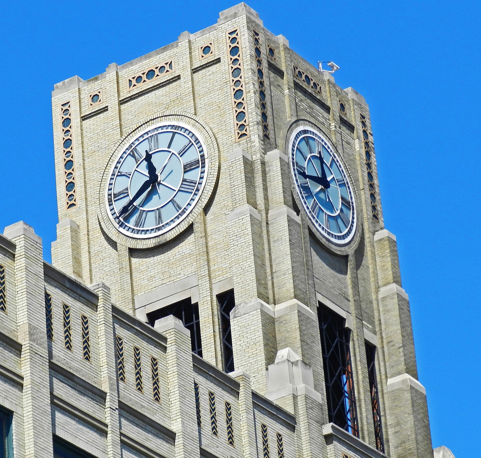 Art Deco clock tower atop a downtown Erie, Pennsylvania building
