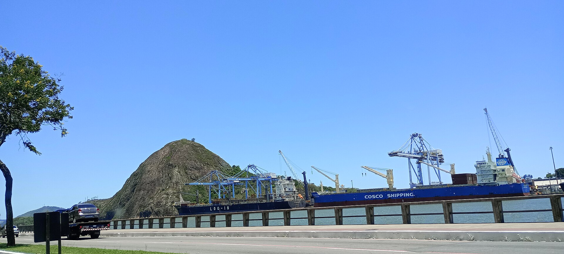 Cargo ships and cranes at the Port of Vitória in Espírito Santo, Brazil