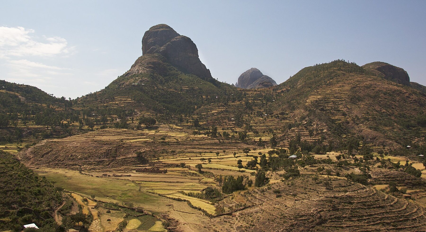 Terraced farmland and rock peaks in Ethiopia's Tigray region