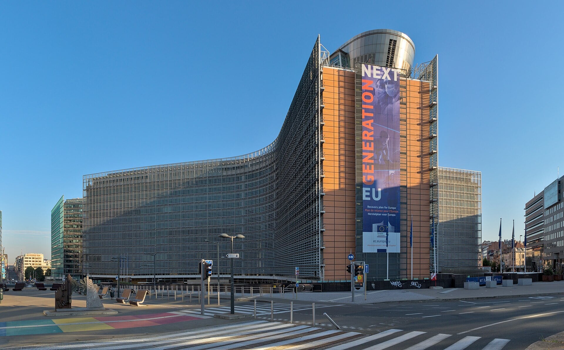 The Berlaymont building in Brussels, headquarters of the European Commission, with EU flags