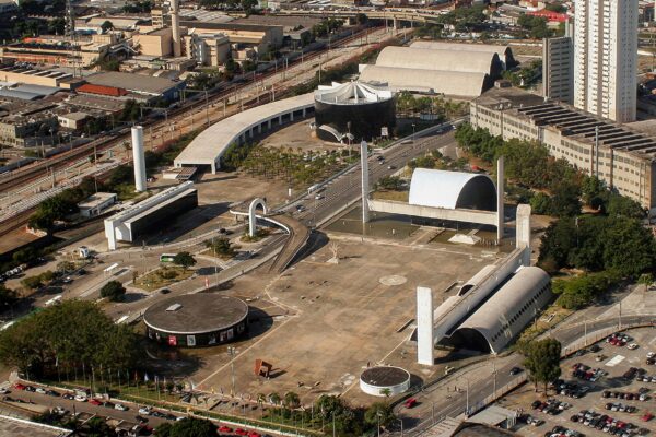 Aerial view of the Memorial da América Latina complex beside the rail lines in São Paulo's Barra Funda district
