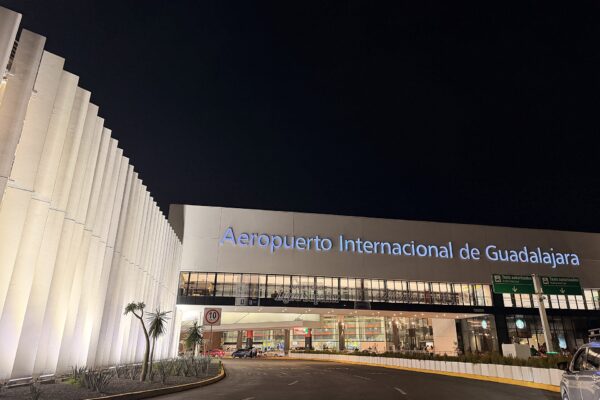 Night view of the entrance of Guadalajara International Airport in Jalisco, Mexico