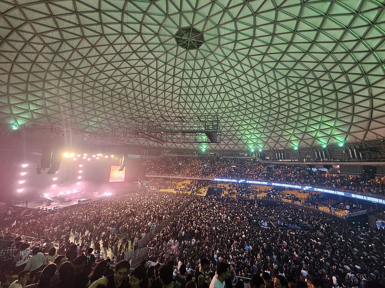 Crowd and stage under the dome of Santander Arena, then called Movistar Arena, in Santiago, Chile