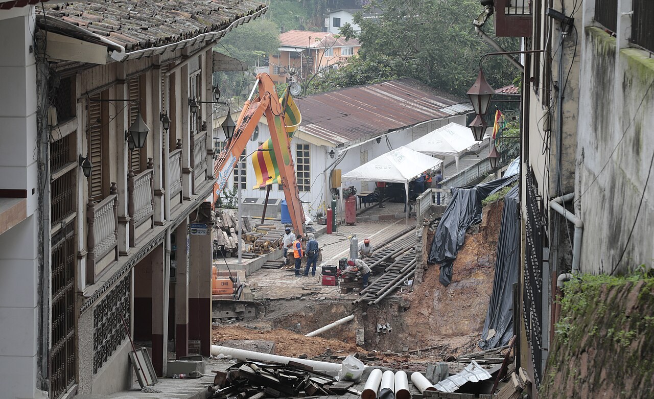 Ecuador illegal mining - Repair work over a sinkhole linked to illegal mining in the town of Zaruma, southern Ecuador
