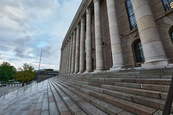 The granite columns and steps of the Parliament House in Helsinki, Finland