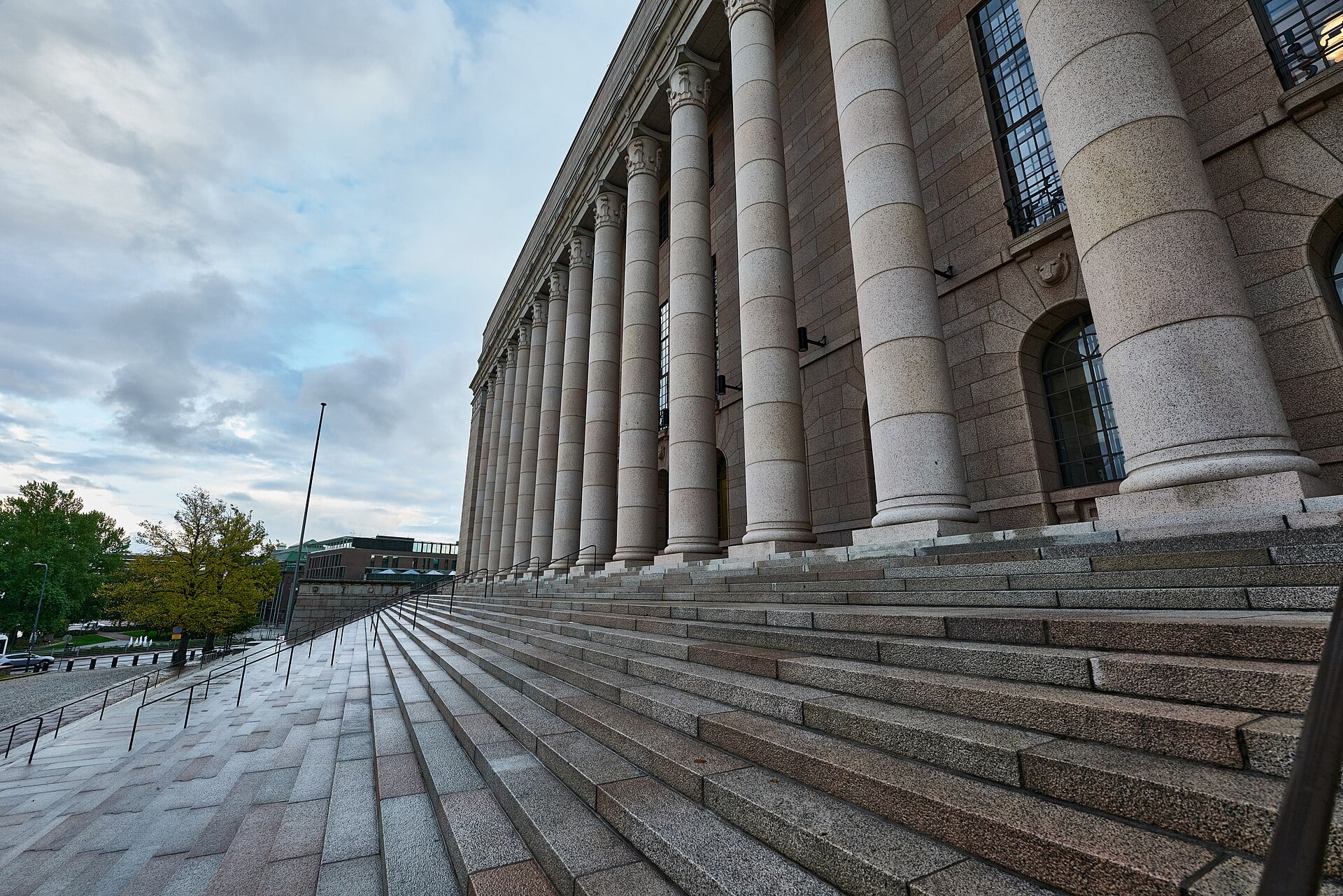 The granite columns and steps of the Parliament House in Helsinki, Finland