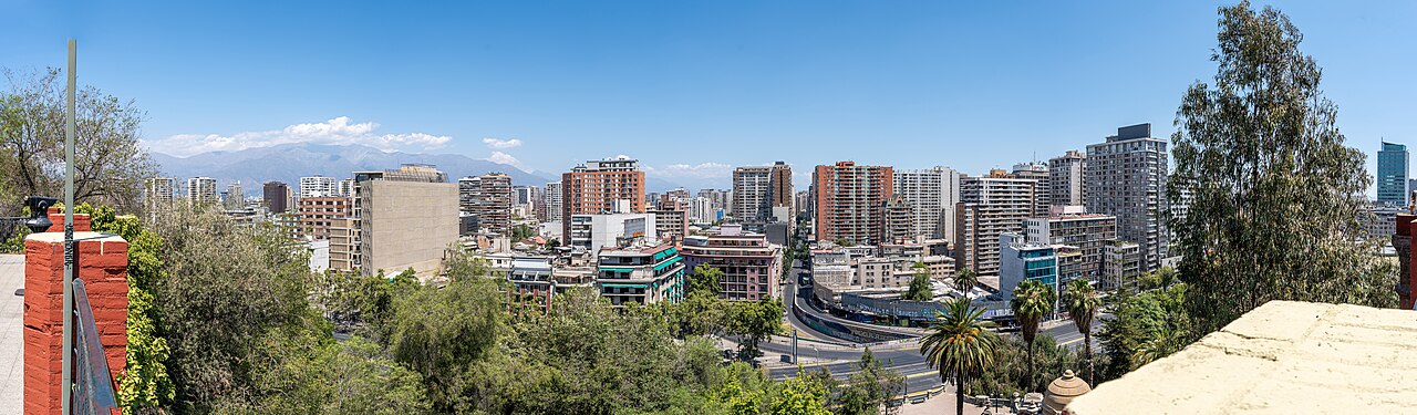 Panorama of apartment towers in central Santiago, Chile, with the Andes in the distance, seen from Cerro Santa Lucia.