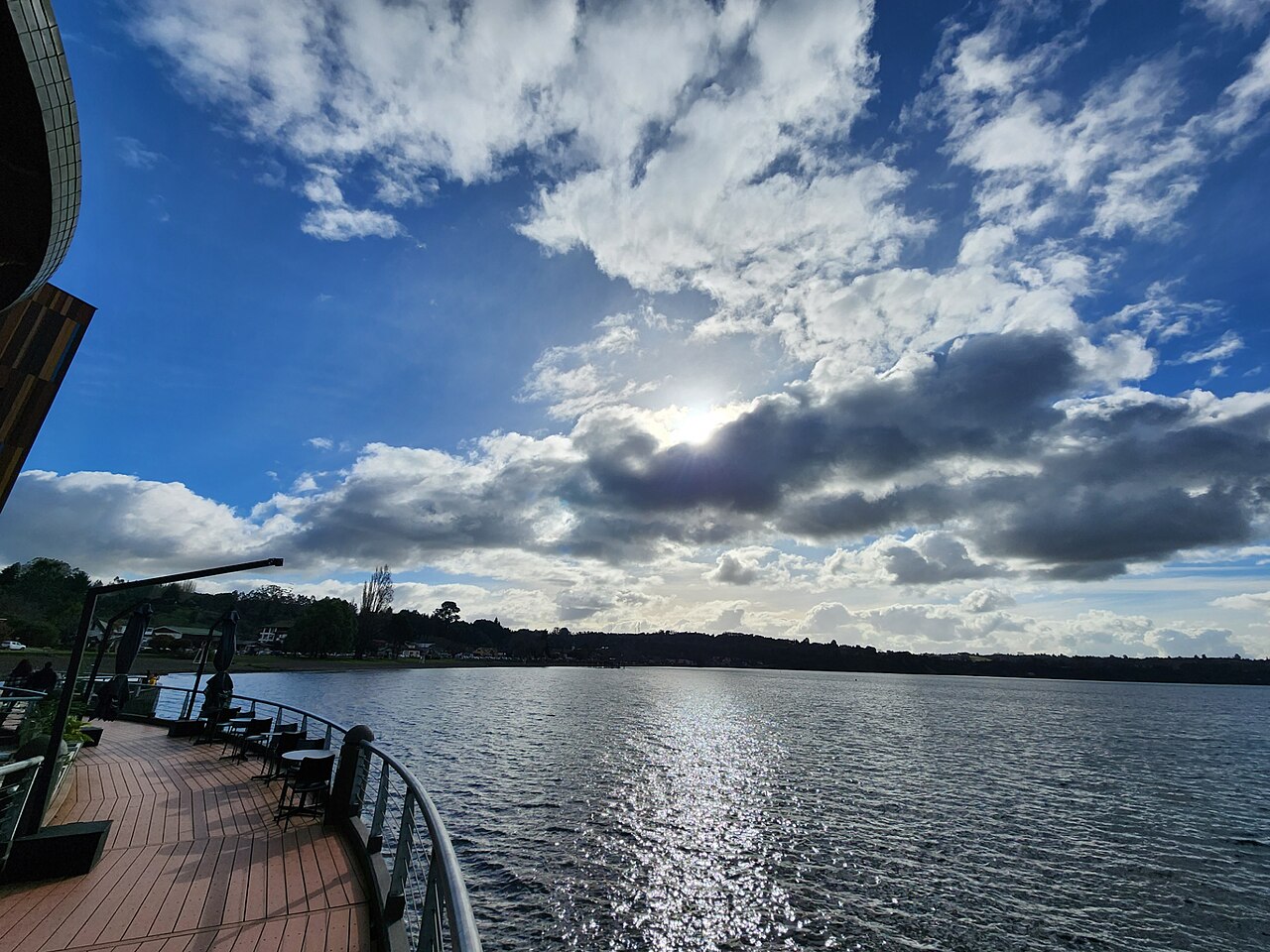 A terrace beside the Teatro del Lago looking out over Lake Llanquihue in Frutillar, Chile.