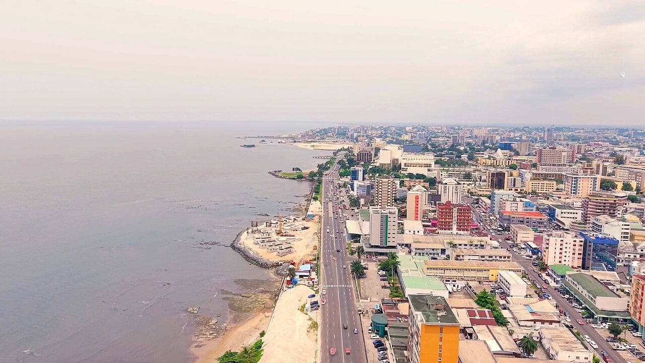 Aerial view of the Libreville seafront with the coastal boulevard and the city centre