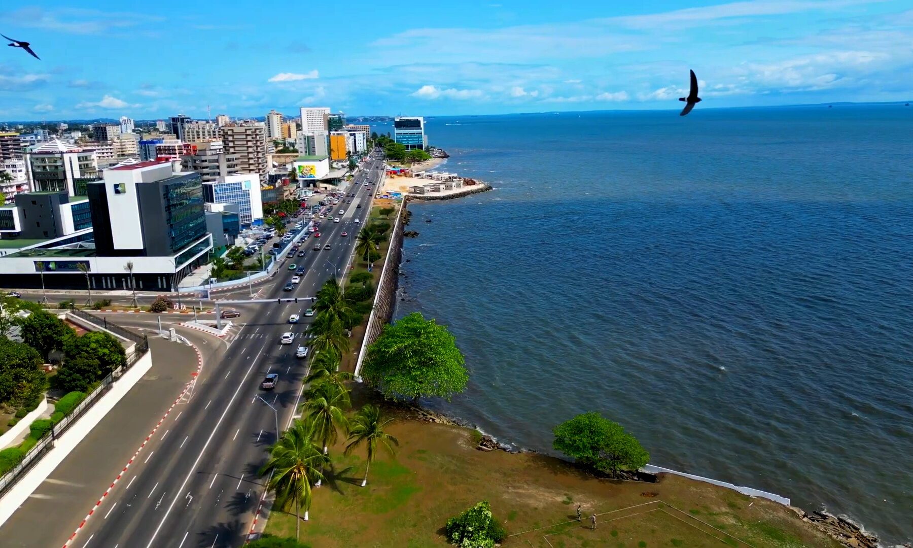 Aerial view of the seafront road and office buildings in Libreville, Gabon