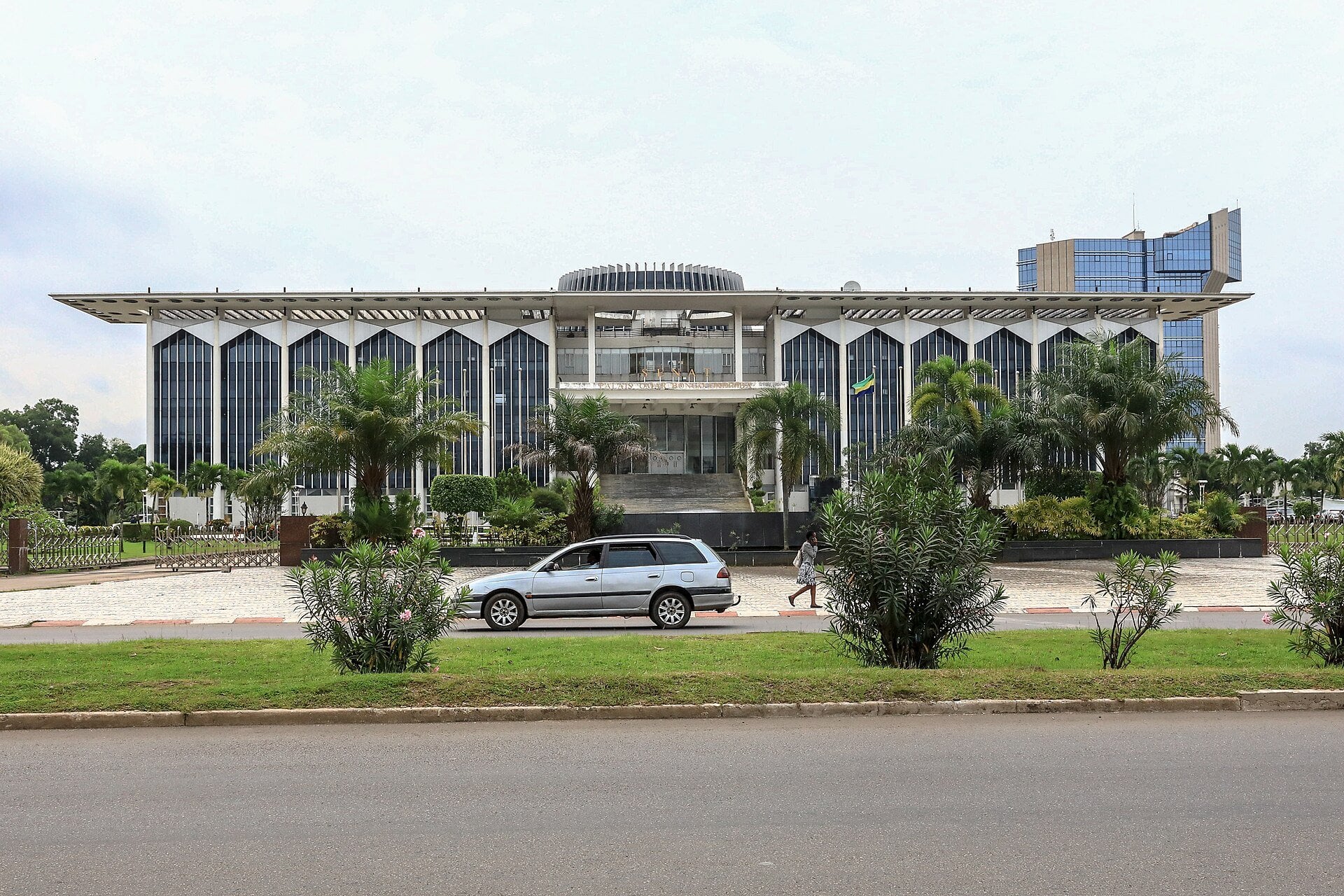 The white Omar Bongo Ondimba Palace, seat of the Gabonese Senate, seen from a road in Libreville