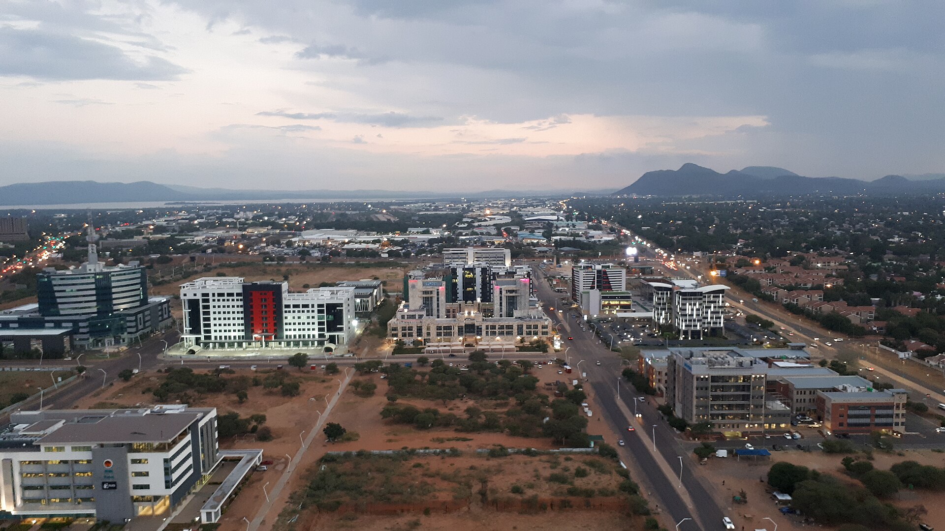 Aerial view of office towers in the new Central Business District of Gaborone, Botswana, at dusk
