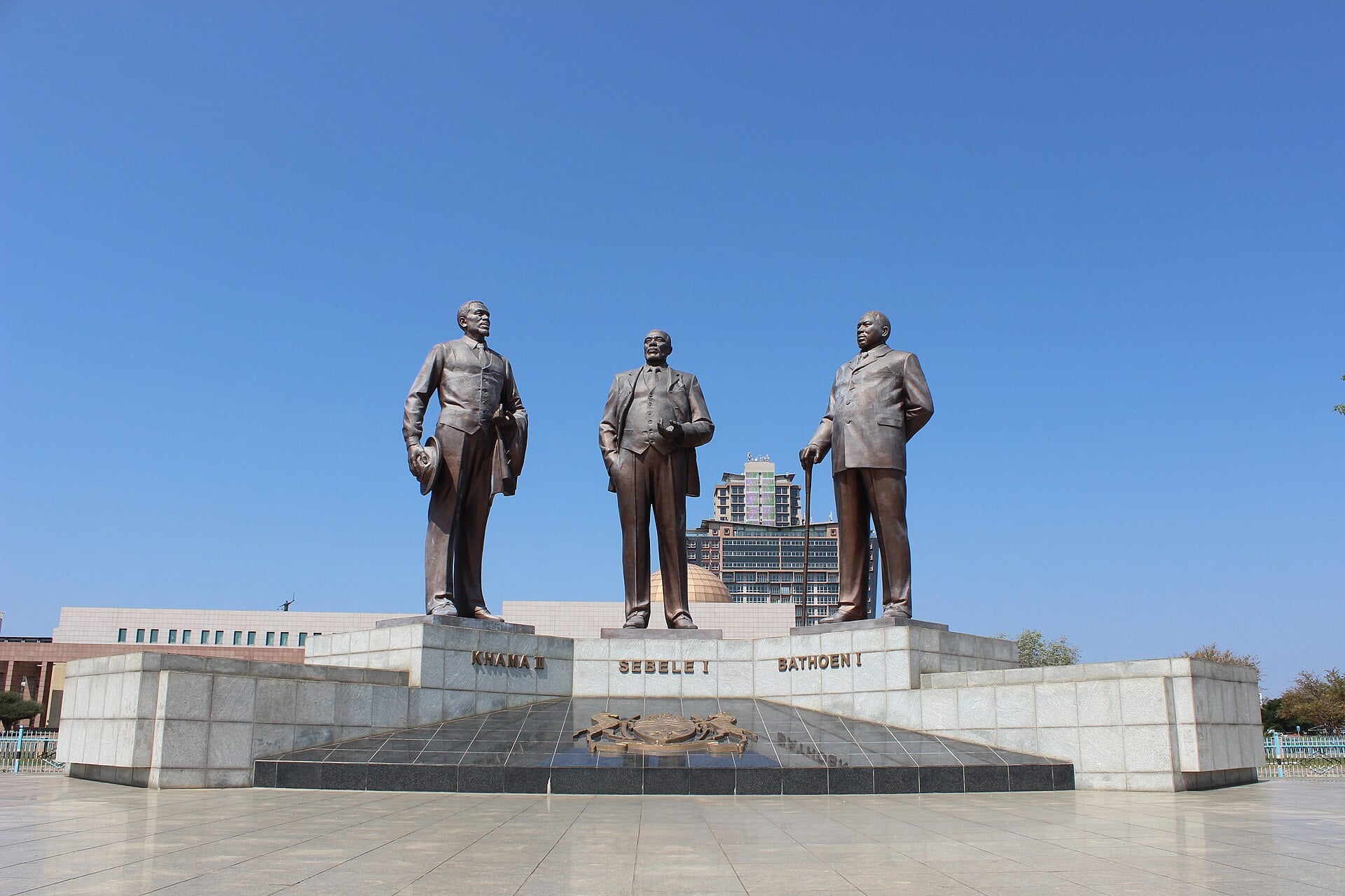 Bronze statues of the chiefs Khama III, Sebele I and Bathoen I at the Three Dikgosi Monument in Gaborone, Botswana