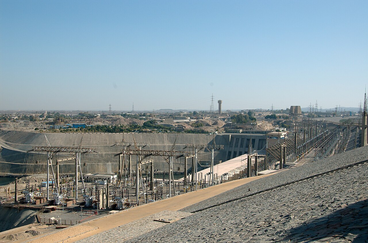 The power station and rockfill embankment of the Aswan High Dam in southern Egypt