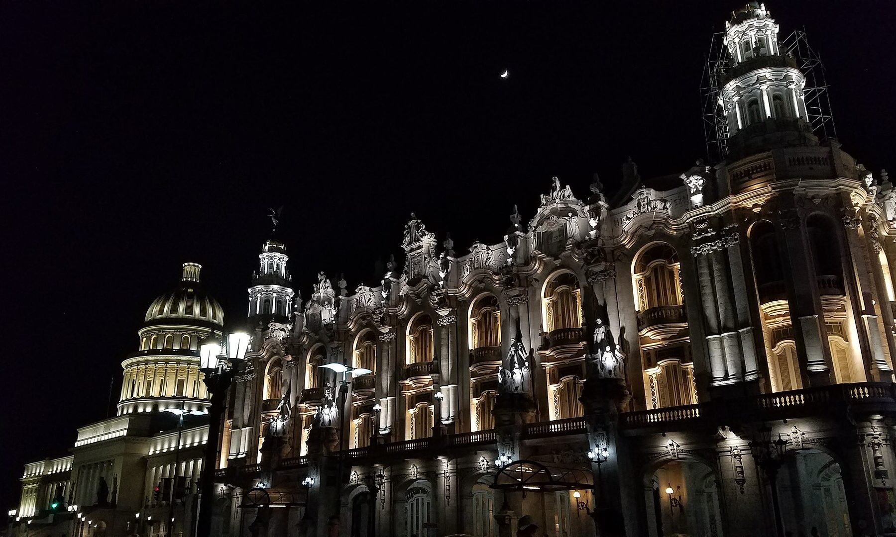 The Capitolio and the Gran Teatro de La Habana lit at night in central Havana, Cuba