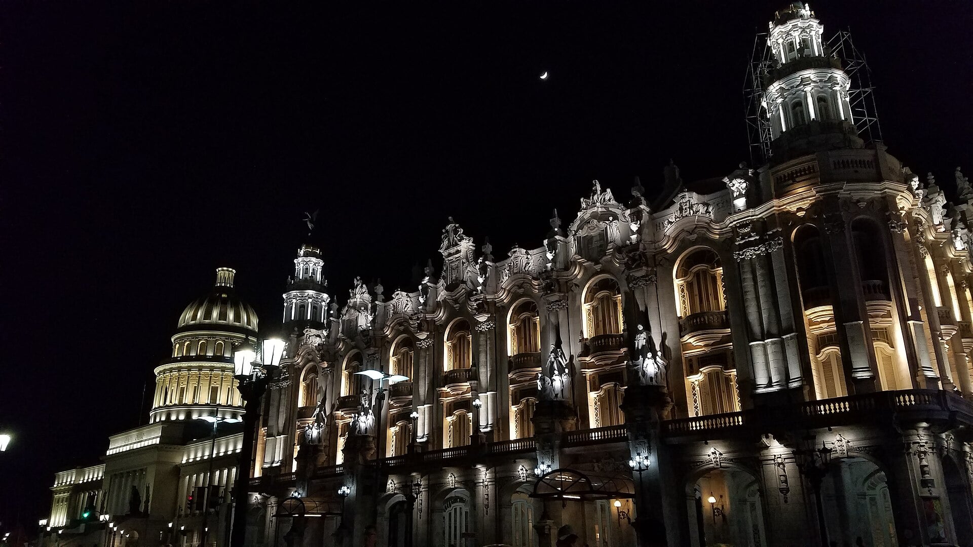The Capitolio and the Gran Teatro de La Habana lit at night in central Havana, Cuba