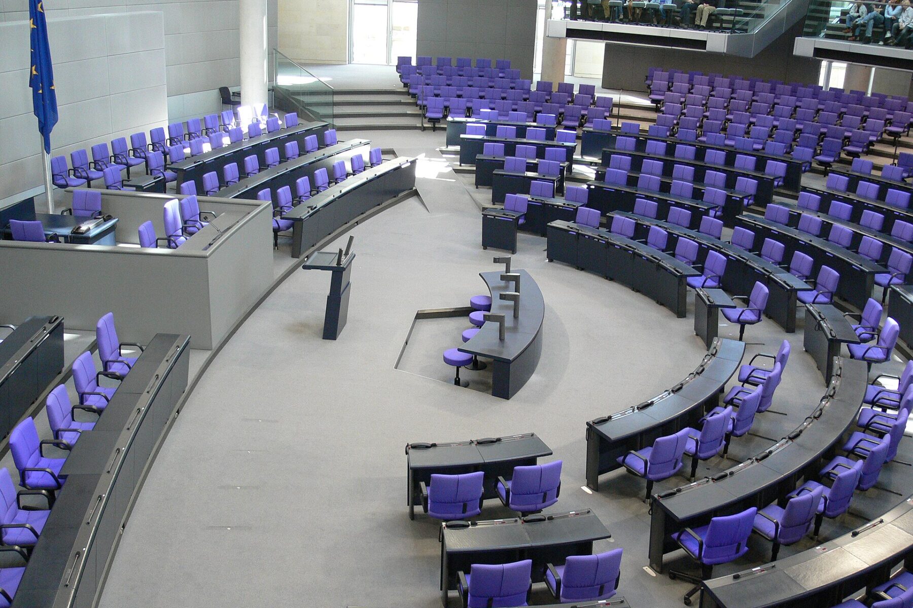 The empty plenary chamber of the German Bundestag in the Reichstag building, Berlin