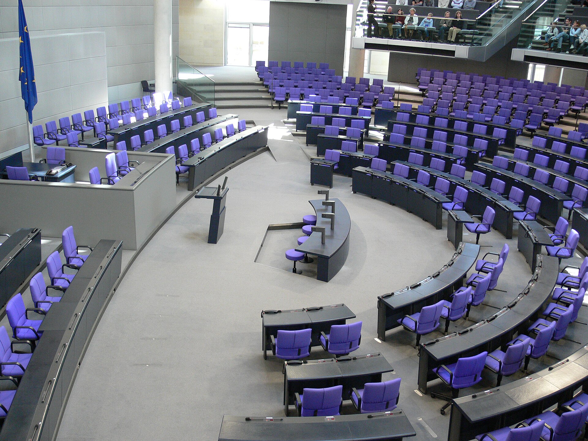 The empty plenary chamber of the German Bundestag in the Reichstag building, Berlin