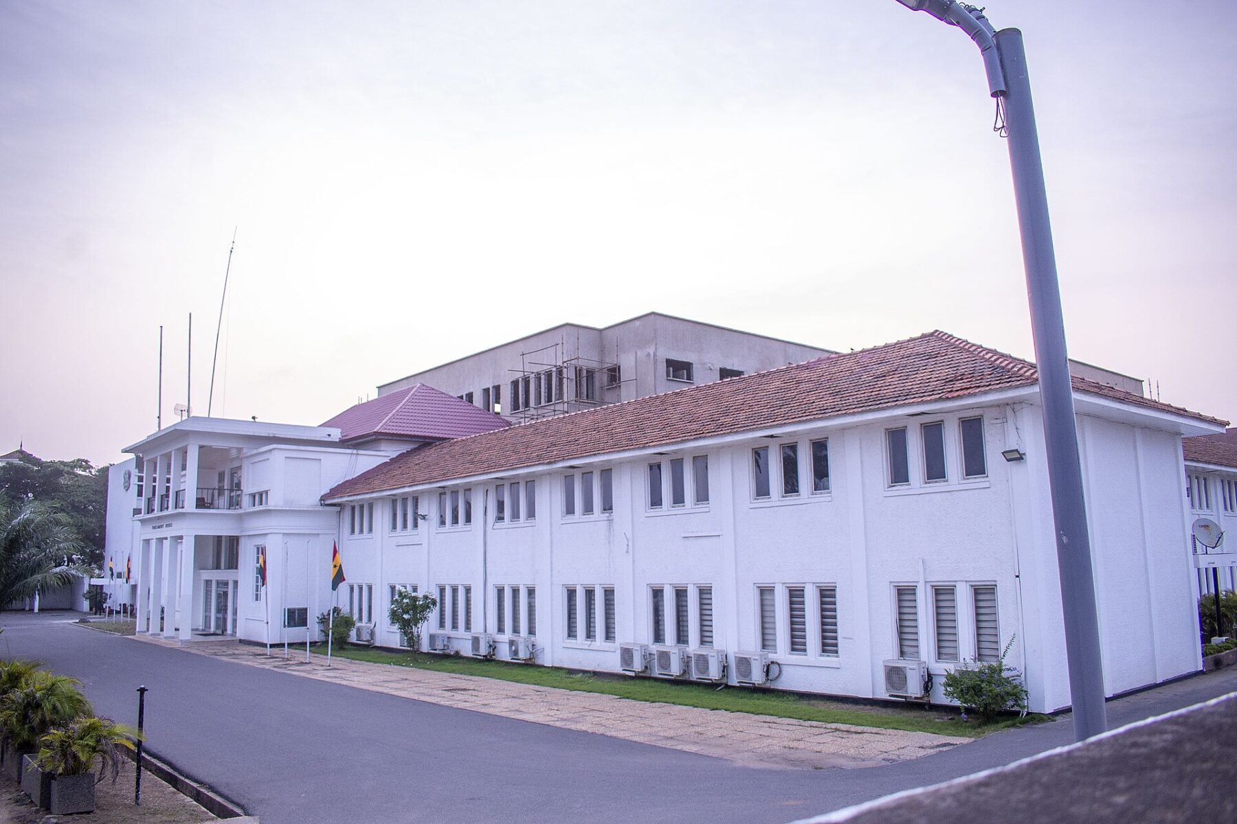 The white two-storey Old Parliament House on High Street in Accra, Ghana, beside the head office of the Economic and Organised Crime Office