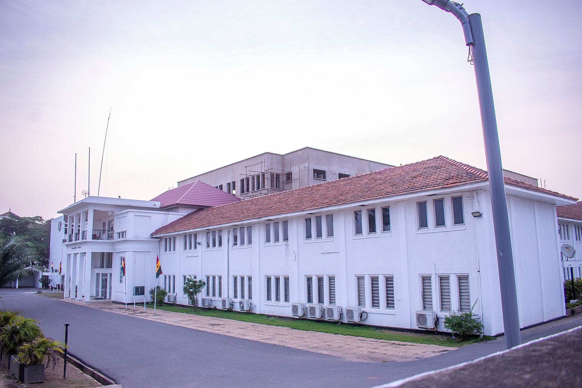 The white two-storey Old Parliament House on High Street in Accra, Ghana, beside the head office of the Economic and Organised Crime Office