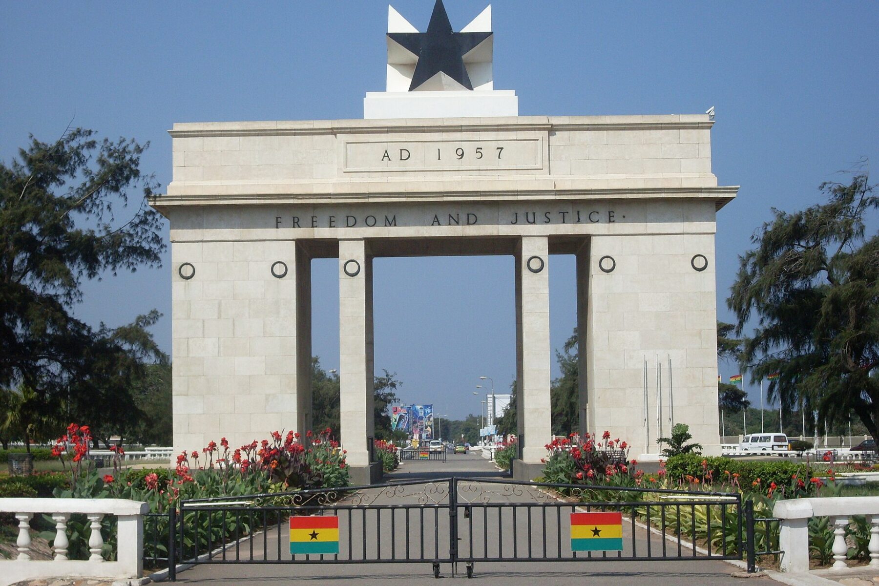 Ghana geopolitics: the Independence Arch in Accra, with the black star and the motto Freedom and Justice