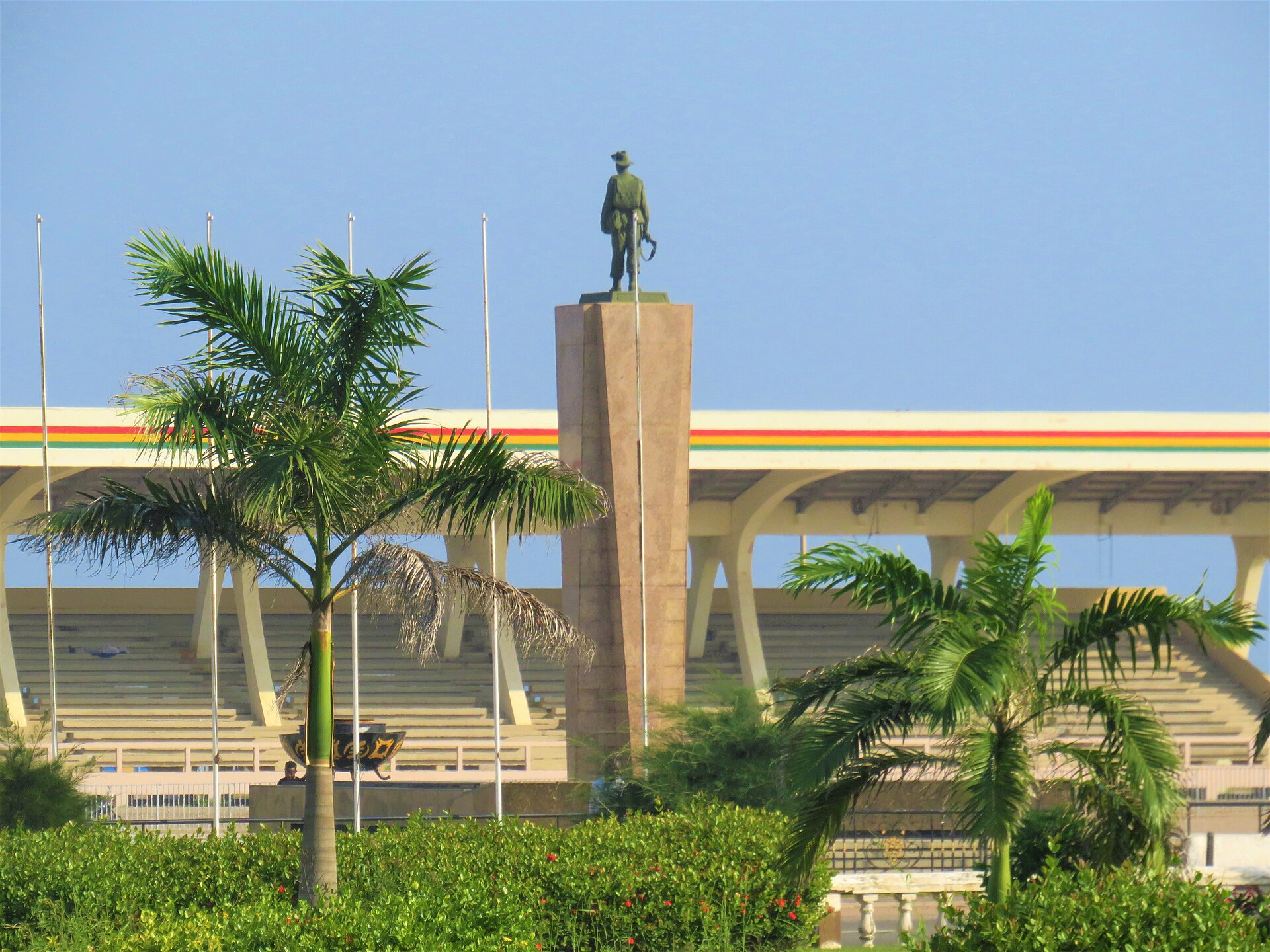 Ghana geopolitics: soldier statue and parade stand at Black Star Square in Accra