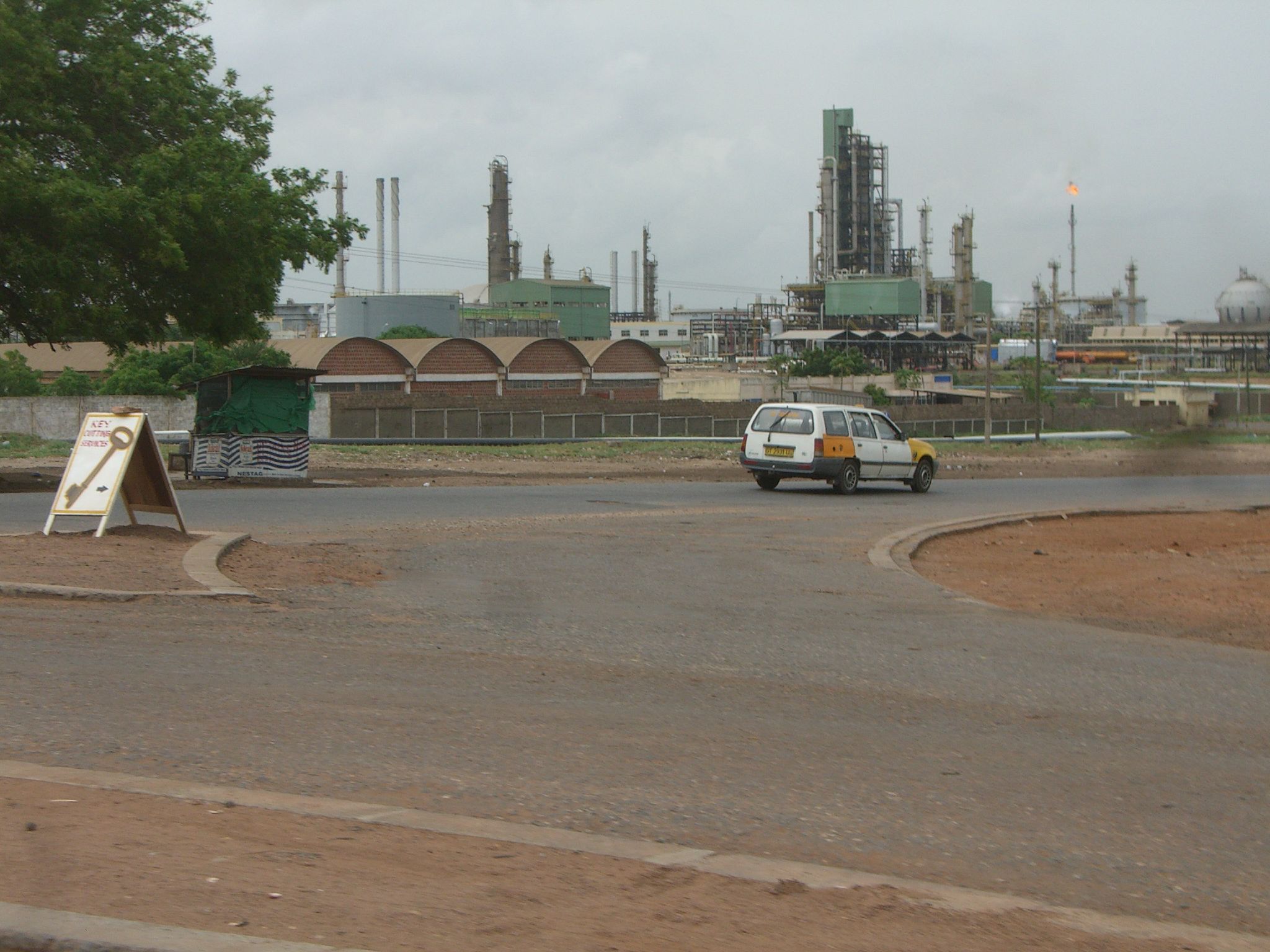 The petroleum and refinery complex at Tema, Ghana, seen from a road