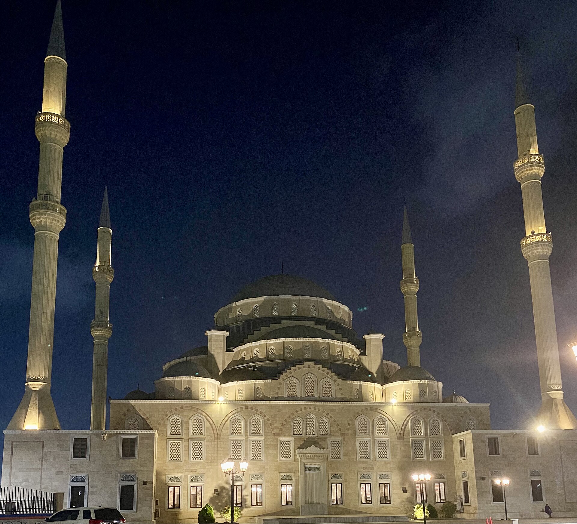 Religion and power in Ghana: the Ghana National Mosque in Accra lit up after sunset