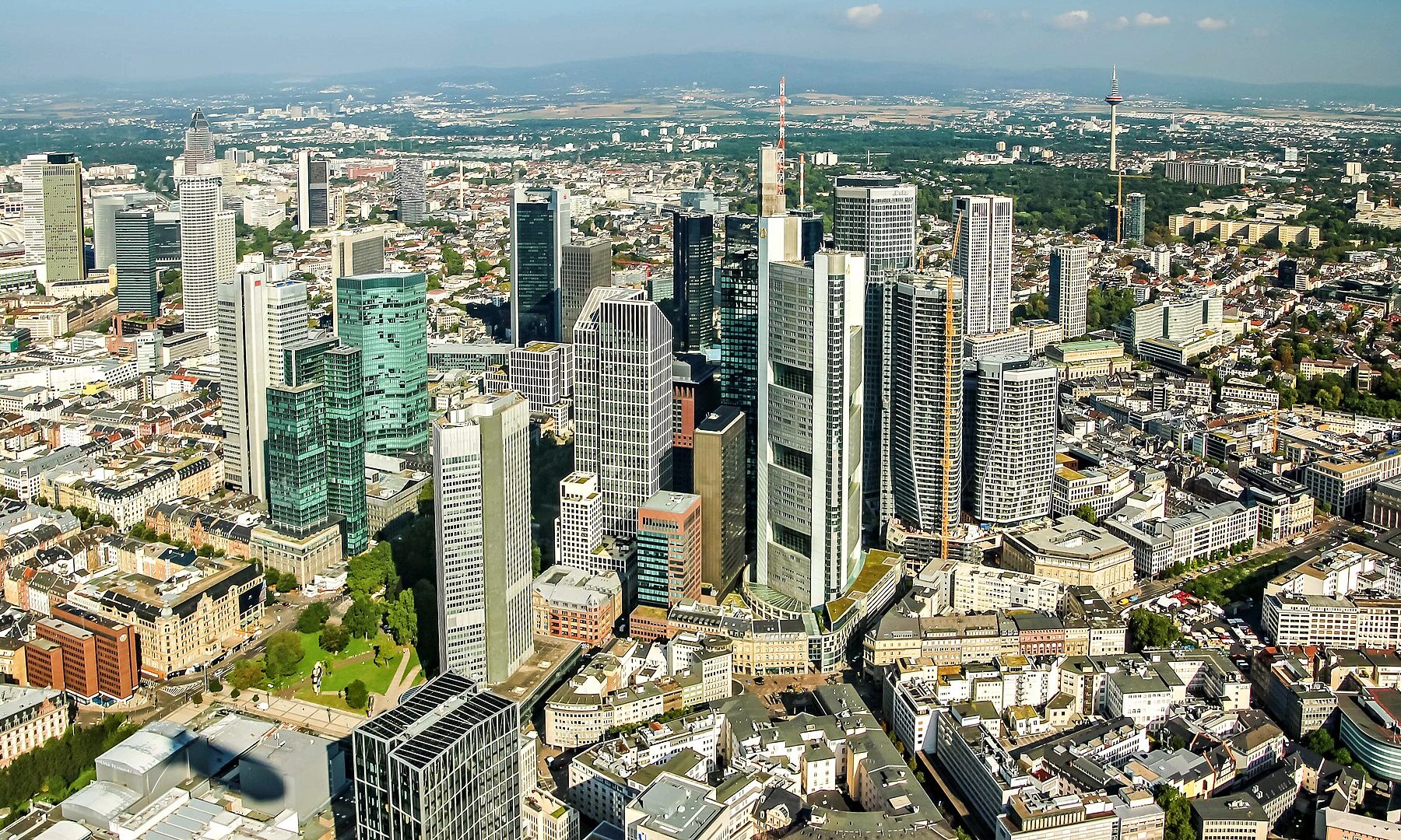 Aerial view of the Frankfurt banking district skyline, home of the European Central Bank, on a sunny day