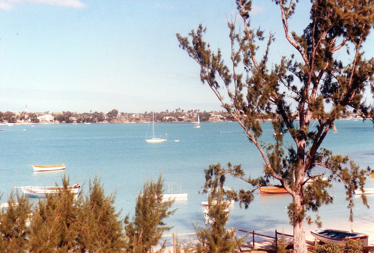 Boats on the turquoise bay at Grand Baie on the north coast of Mauritius