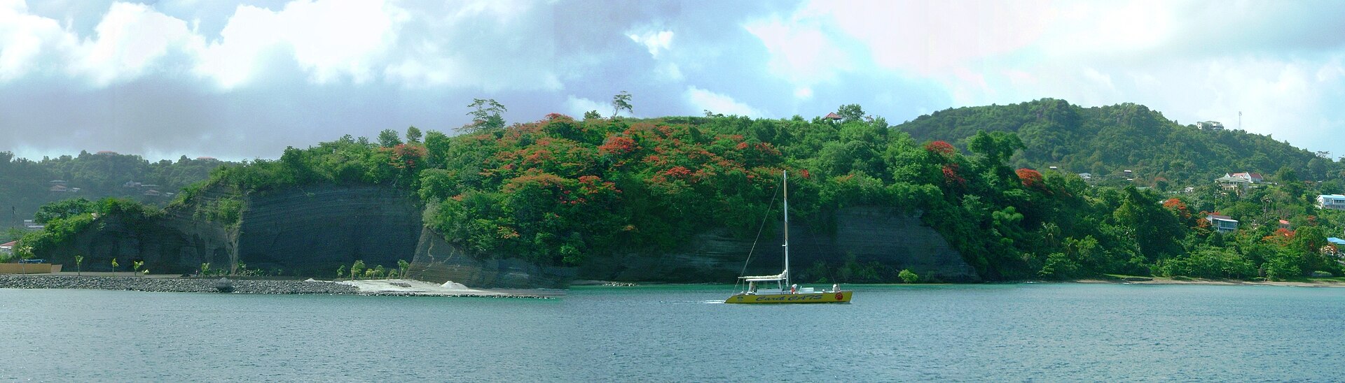Catamaran in the waters off St George's, Grenada, with flame trees on the hillside