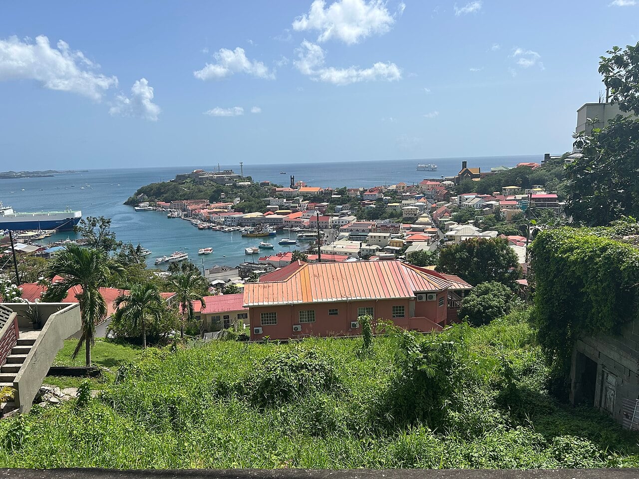 Colourful houses of St George's, Grenada, slope down to the Carenage harbour, with Fort George on the headland and the sea beyond