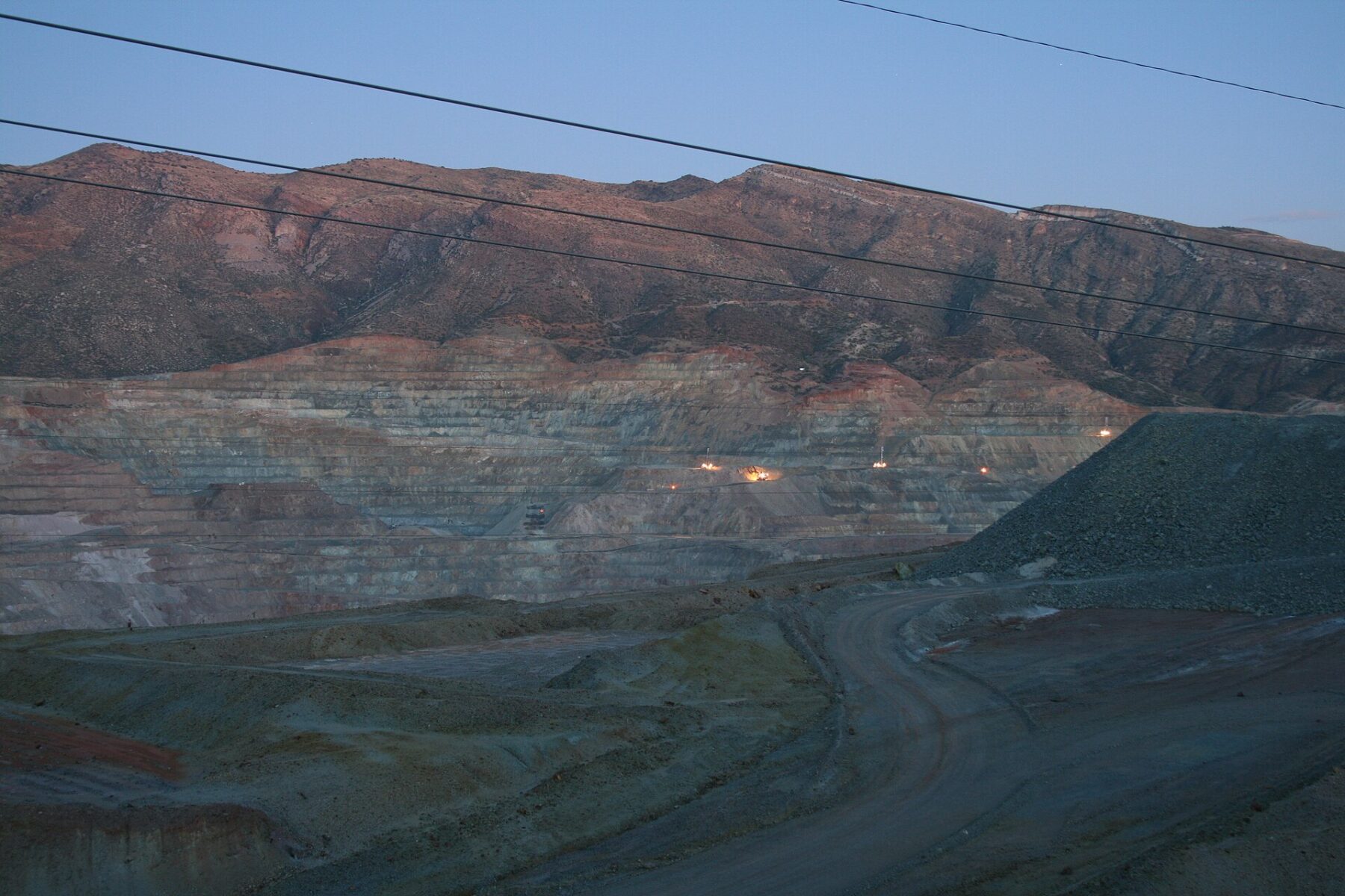 The Ray open-pit copper mine near Hayden, Arizona, at dusk