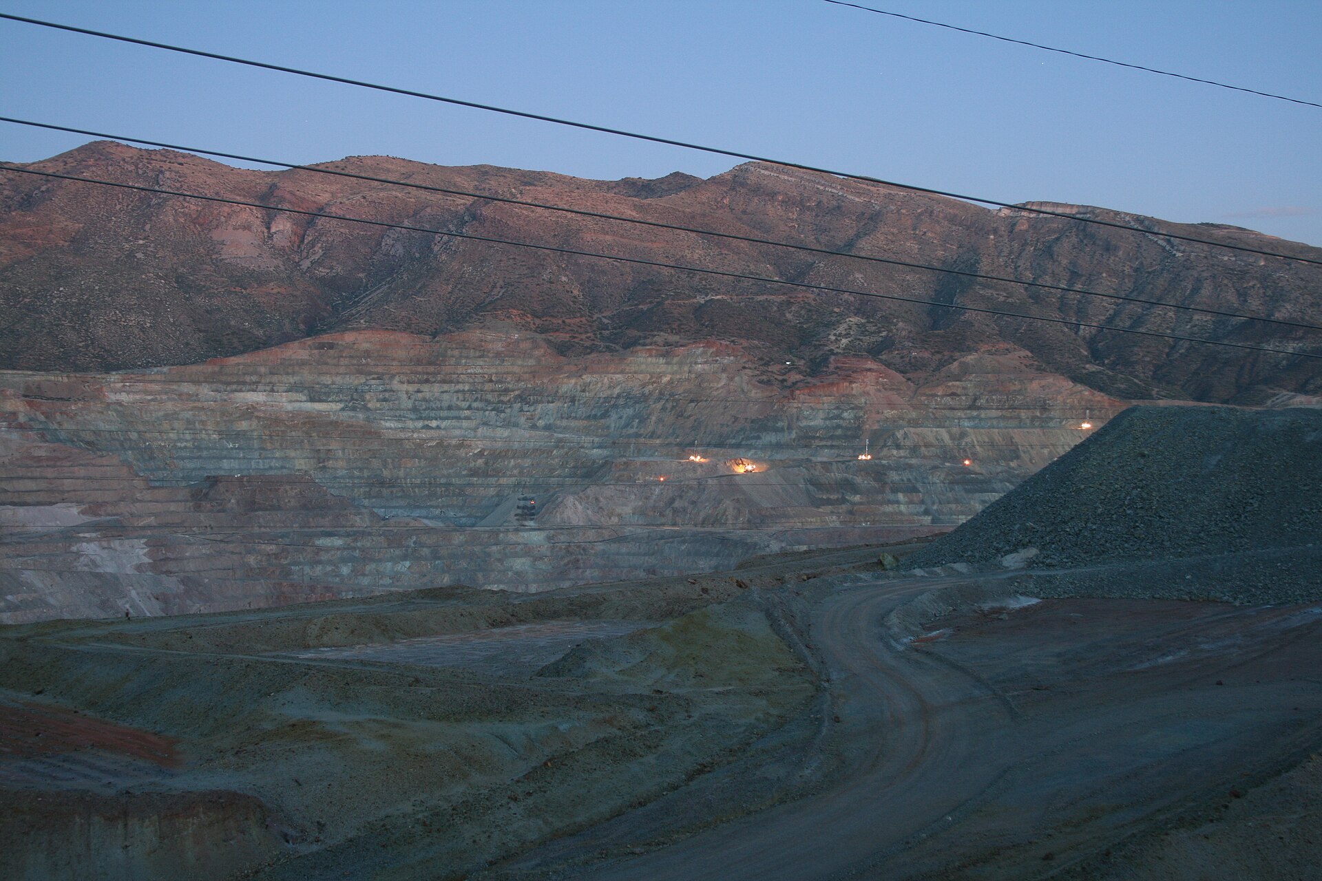 The Ray open-pit copper mine near Hayden, Arizona, at dusk