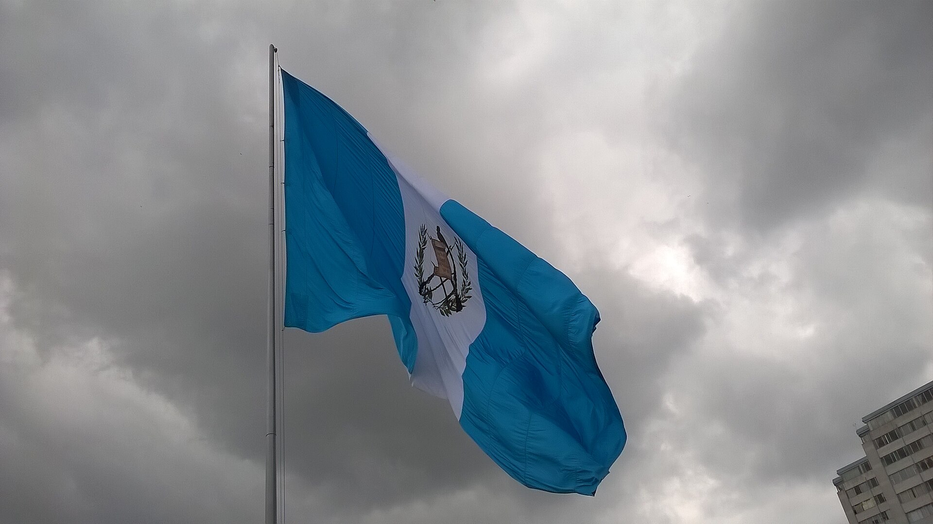 A Guatemalan flag flies near the Plaza de la Constitución in Zona 1 of Guatemala City