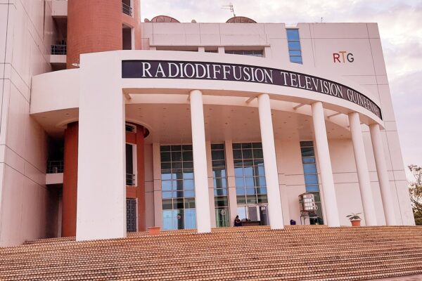 Curved entrance and steps of the headquarters of Guinea's state radio and television broadcaster in Conakry